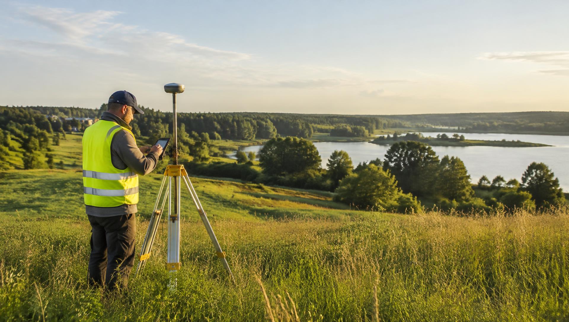 Geodeta wykonujący pomiary odbiornikiem GNSS w mazurskim krajobrazie