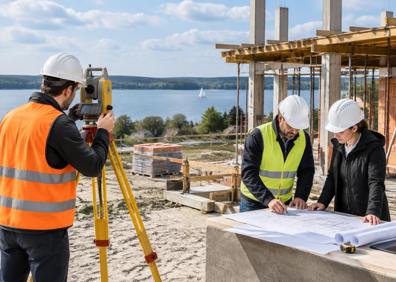 Geodeta współpracuje z ekipą przy inwestycji budowlanej