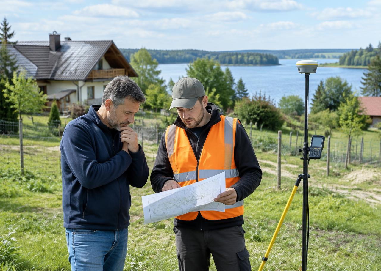 Geodeta omawia plan działki z właścicielem nieruchomości